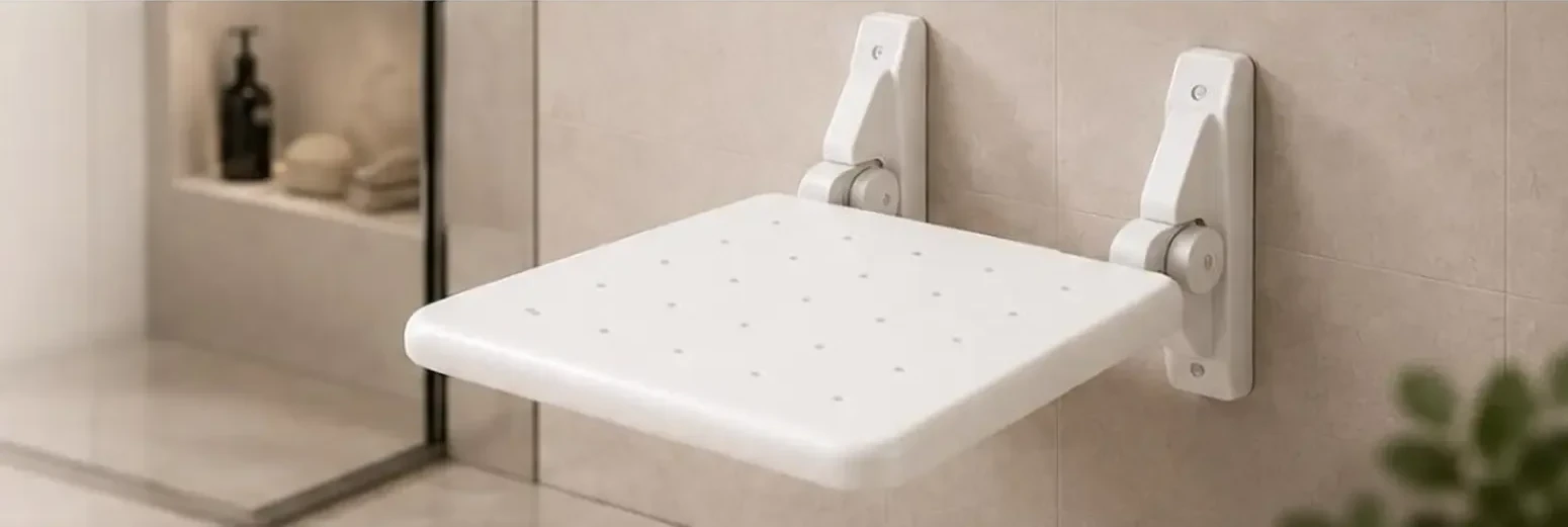 Duschklappsitz von SALOVA, an der Wand eines gefliesten Duschbereichs montiert